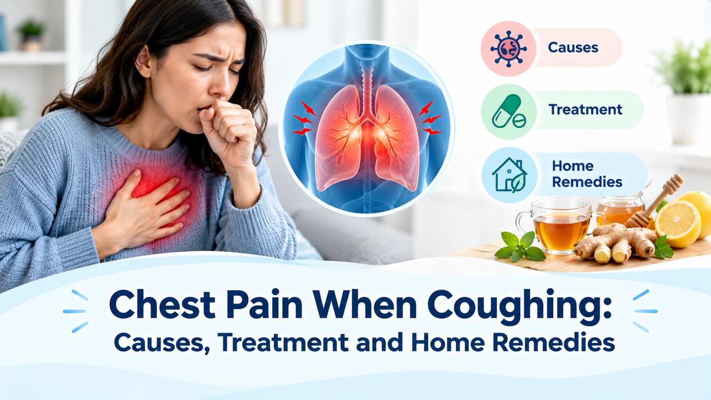 Chest pain when coughing infographic showing lung inflammation, common causes, treatment options, and home remedies.